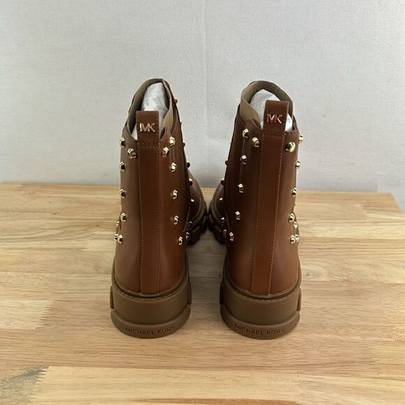 Michael Kors Ridley Studded Leather Gore Lug Sole Booties- Luggage- Size 7.5 M- - Picture 3 of 7